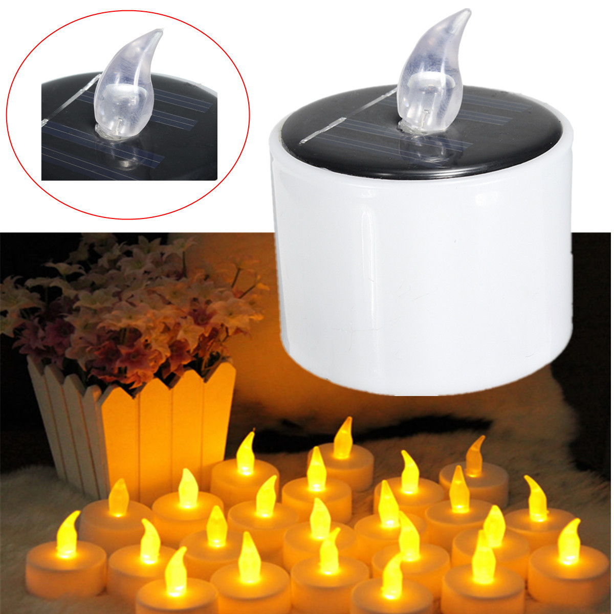 Solar Powered Cylindrical LED Candle Tea Light Home Decor Romantic