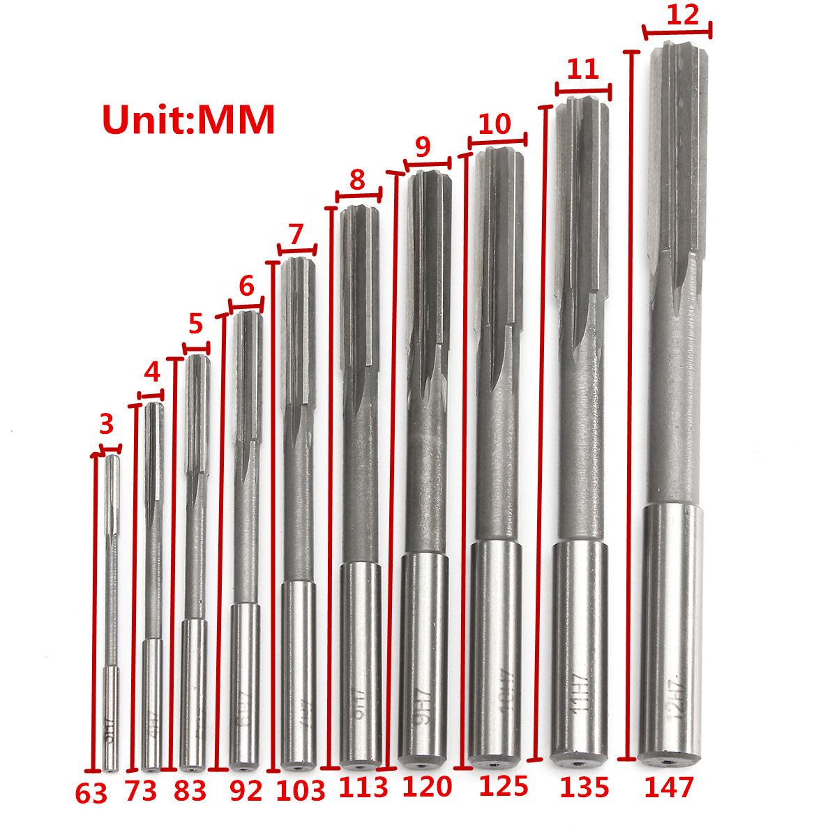 10pcs 3 12mm HSS Machine Reamer Set H7 Straight Shank Milling Chucking