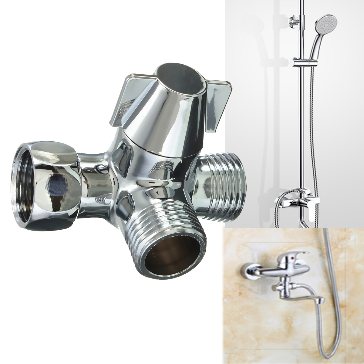 3Way Tadapter G1/2 Diameter Brass Chrome Shower Diverter Valve for