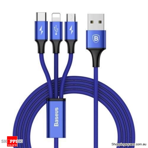 Baseus 3 in 1 3A Micro USB, iPhone, Type C USB Charging Data Sync Cable - Blue Colour