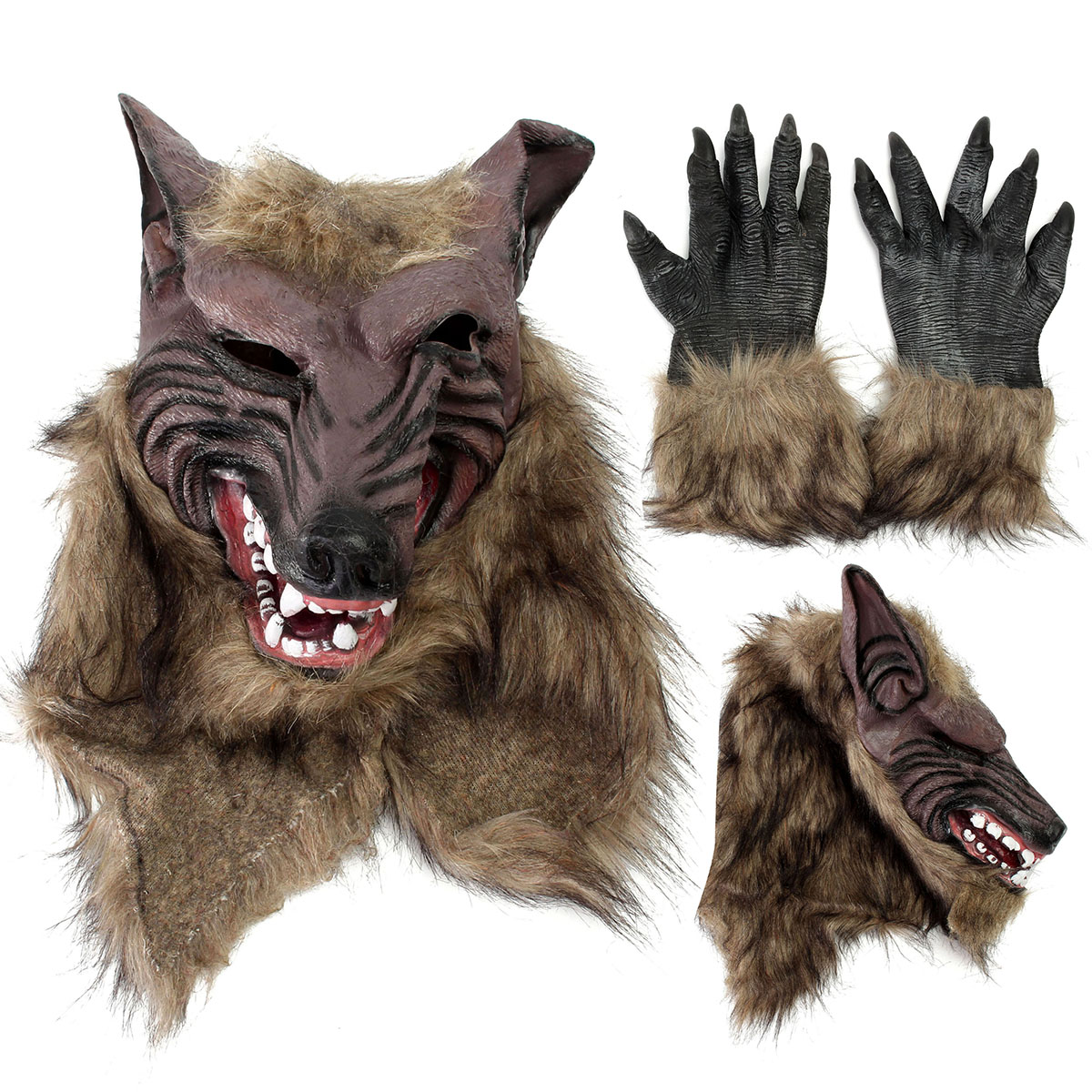 Scary Latex Rubber Wolf Werewolf Head Hair Face Mask & Gloves for Party