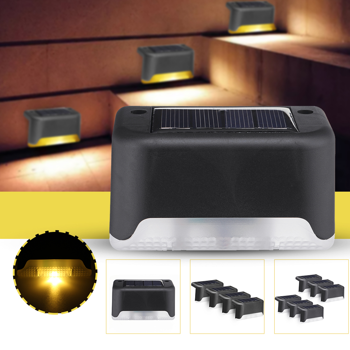 6PCS Solar Powered LED Stairs Step Light Black Shell Outdoor Waterproof ...